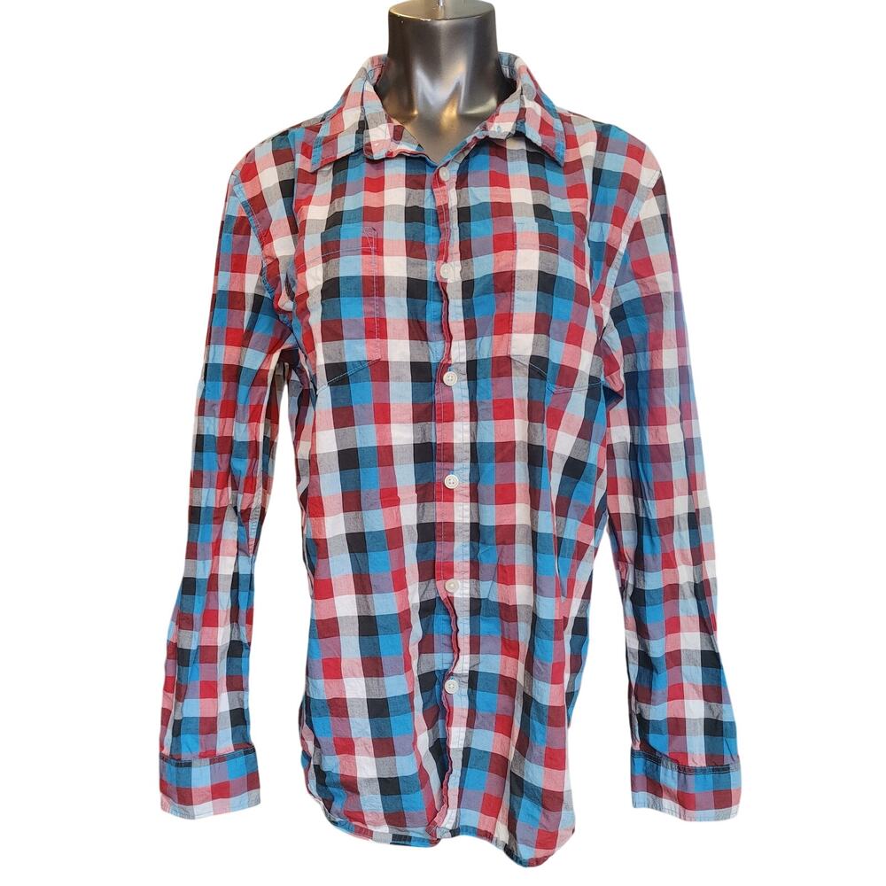 Warp and Weft Men's XL Red/Blue/White Checker Plaid Long Sleeve Bttn Dwn Shirt